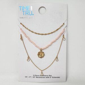 Time And Tru 3-Piece Necklace Set With 3" Extender 16" 17" 18" Gold Chains & Pin